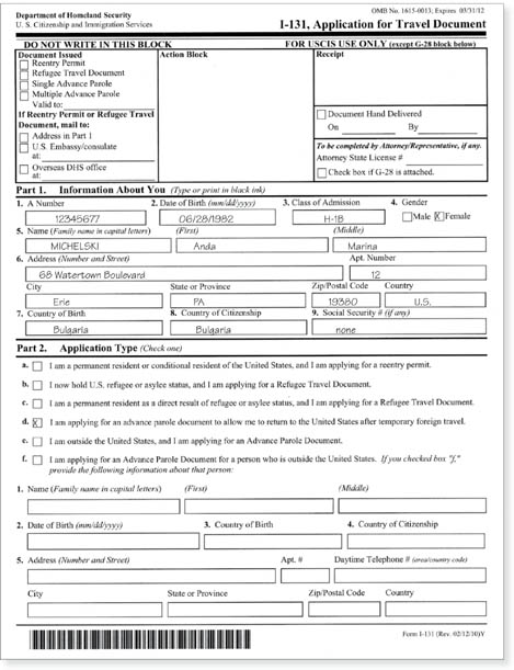 Application Form Application Form I 131